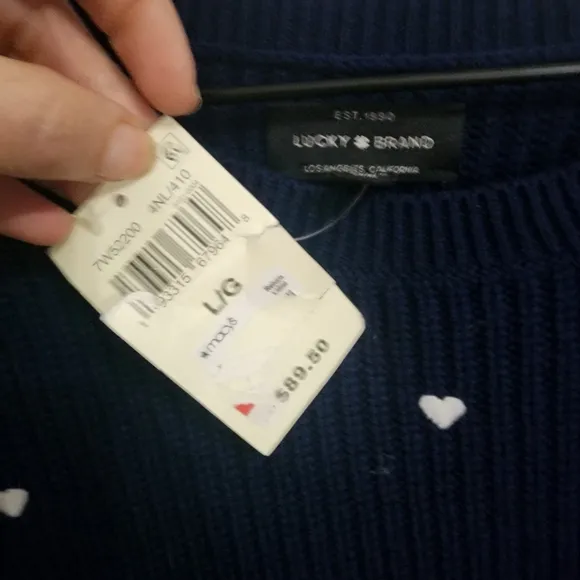 NEW Lucky Brand Crewneck Pullover Embroidered Heart Navy Sweater