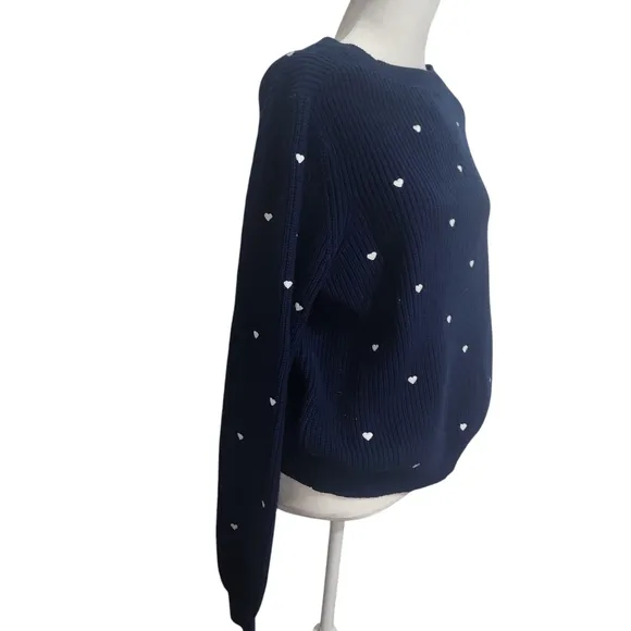 NEW Lucky Brand Crewneck Pullover Embroidered Heart Navy Sweater