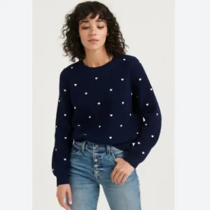 NEW Lucky Brand Crewneck Pullover Embroidered Heart Navy Sweater