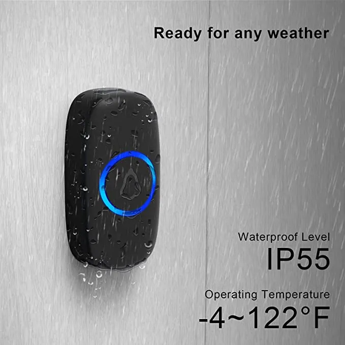 New SECRUI Wireless Doorbell, Waterproof Mini Doorbell 1,000ft Range 110dB Mute Mode 58 Door Chimes & Colorful LED Flashing - Black