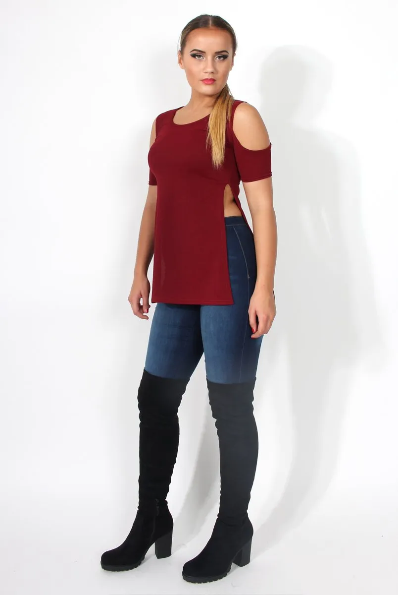 Nieve Wine Cut Out Shoulder Side Split Top