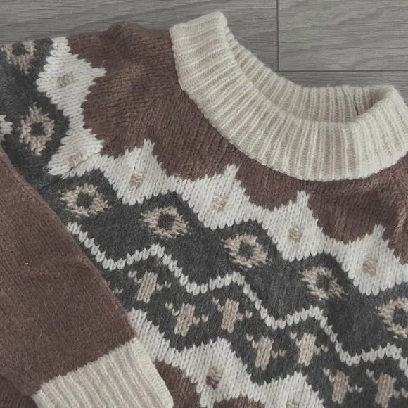 NWT Aerie Womens Fair Isle Oversized Wool Blend Pullover Sweater Brown Size XL