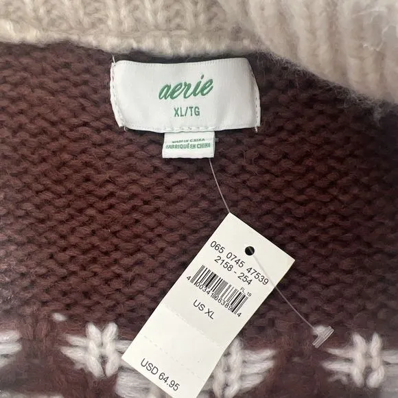 NWT Aerie Womens Fair Isle Oversized Wool Blend Pullover Sweater Brown Size XL