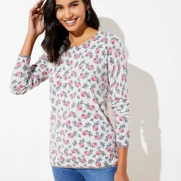 NWT Ann Taylor LOFT Floral Tipped Long Sleeve Crew Neck Sweater. Size XL