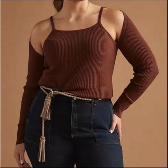NWT Anthropologie Ribbed Cut Out pullover Sweater Top Brown Shrug &amp; Knit Tank 2X