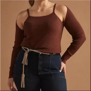 NWT Anthropologie Ribbed Cut Out pullover Sweater Top Brown Shrug &amp; Knit Tank 2X