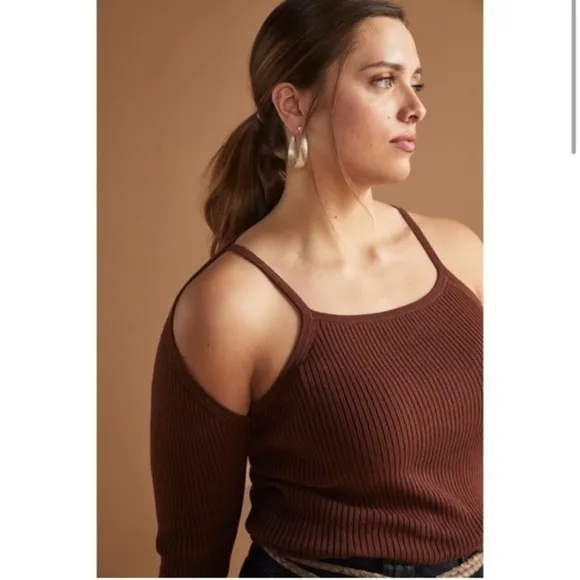 NWT Anthropologie Ribbed Cut Out pullover Sweater Top Brown Shrug &amp; Knit Tank 2X