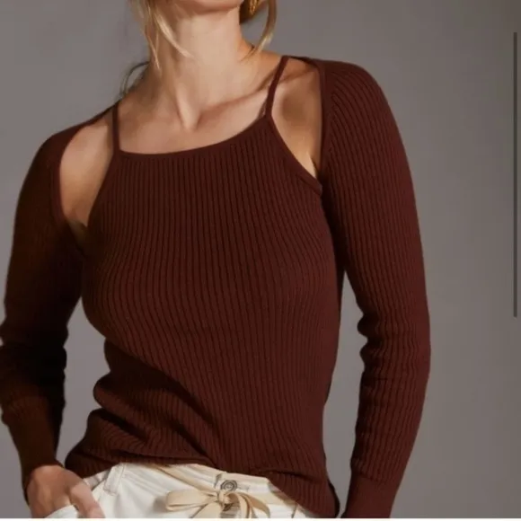 NWT Anthropologie Ribbed Cut Out pullover Sweater Top Brown Shrug &amp; Knit Tank 2X