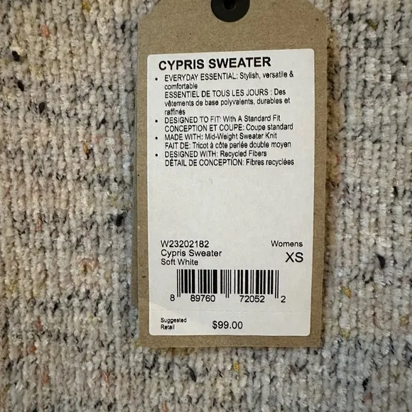 NWT Prana Cypris Pullover Sweater, size XS, Soft White