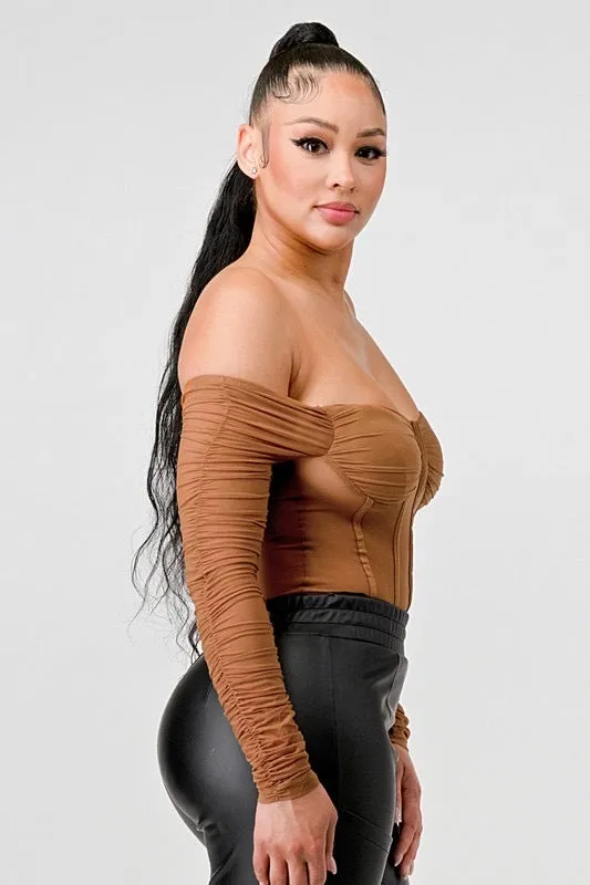 Off shoulder camel mesh top