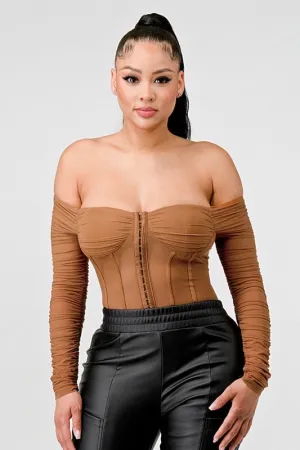 Off shoulder camel mesh top