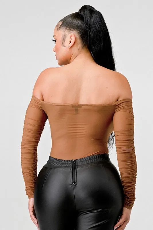 Off shoulder camel mesh top