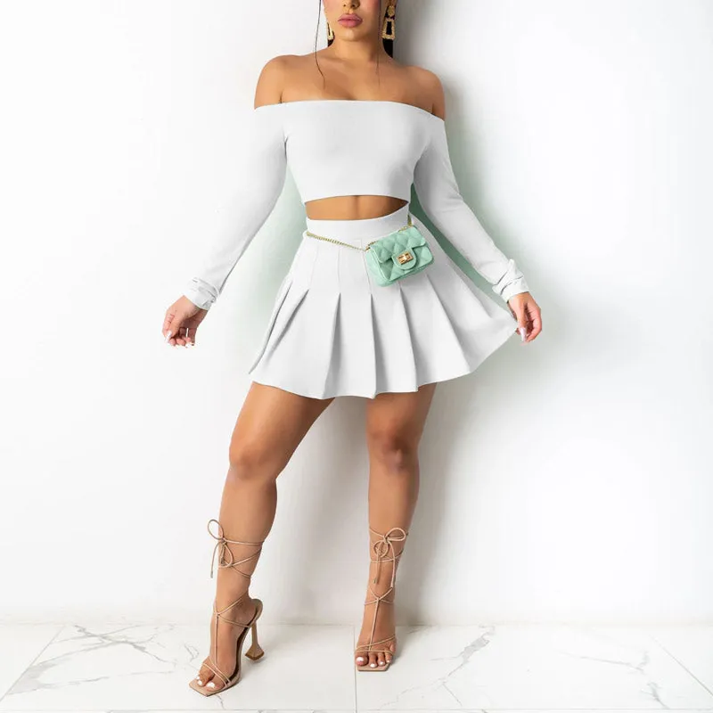 Off Shoulder Crop Top & Pleated Skirt Set