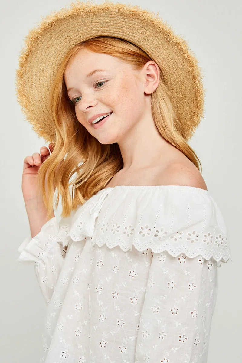 Off Shoulder Eyelet Tie-Front Tassel Top