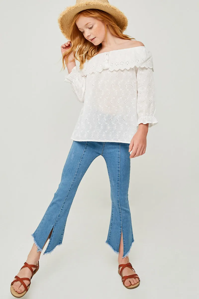 Off Shoulder Eyelet Tie-Front Tassel Top
