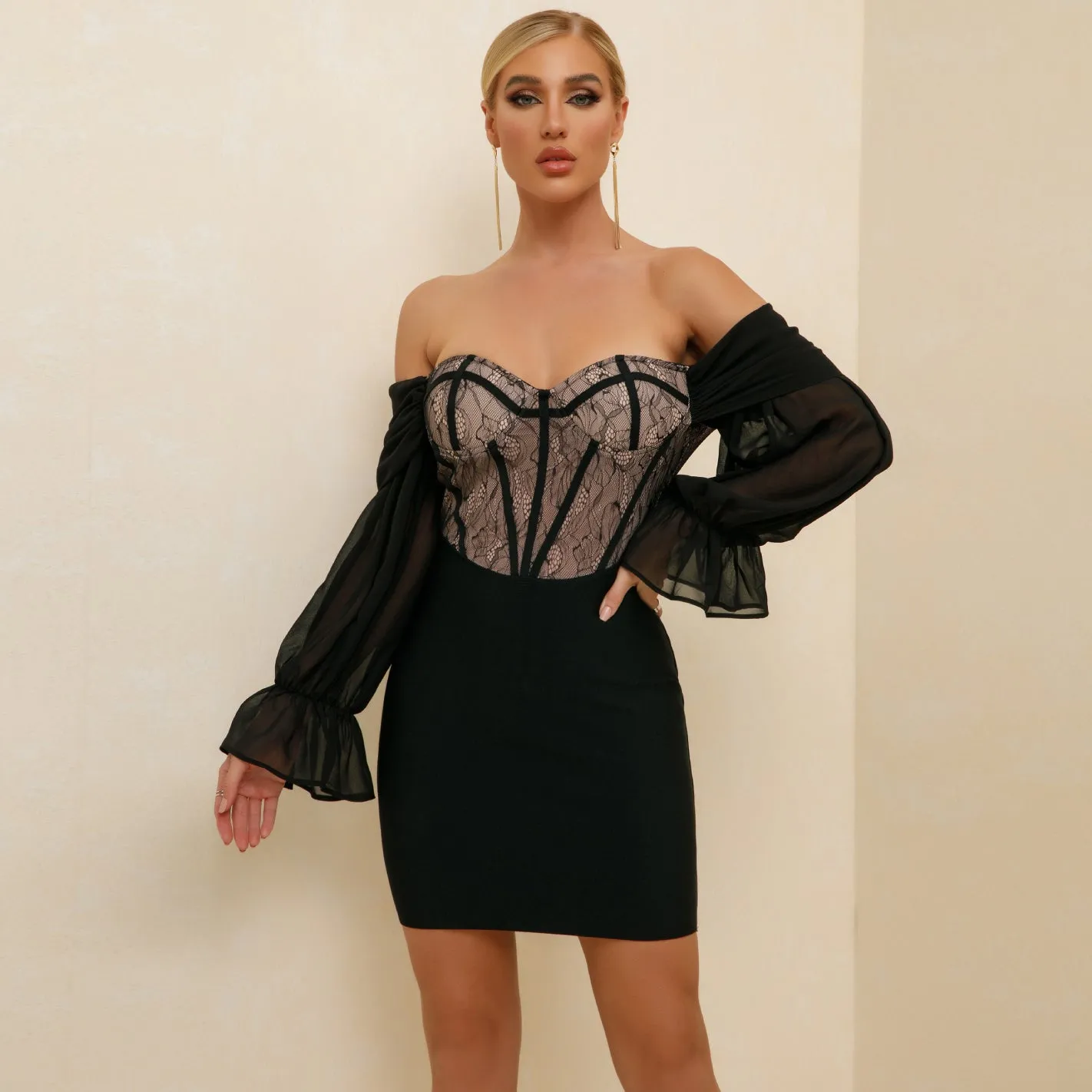 Off Shoulder Long Sleeve Lace Mini Bandage Dress PP21104