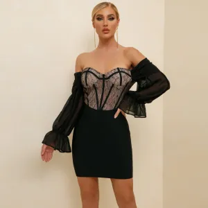 Off Shoulder Long Sleeve Lace Mini Bandage Dress PP21104