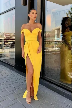 Off-the-shoulder Satin Yellow Prom Dresses with Leg Slit
