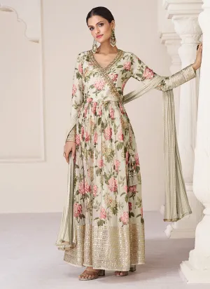 Off White Multi Colour Printed Anarkali Style Gown