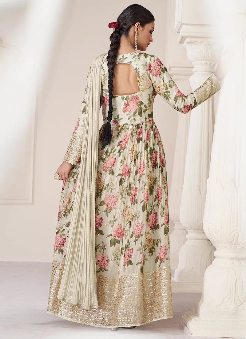 Off White Multi Colour Printed Anarkali Style Gown