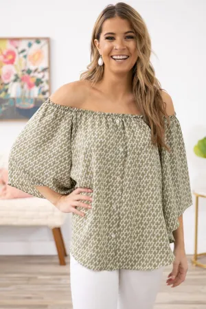 Olive Geometric Print Off the Shoulder Top