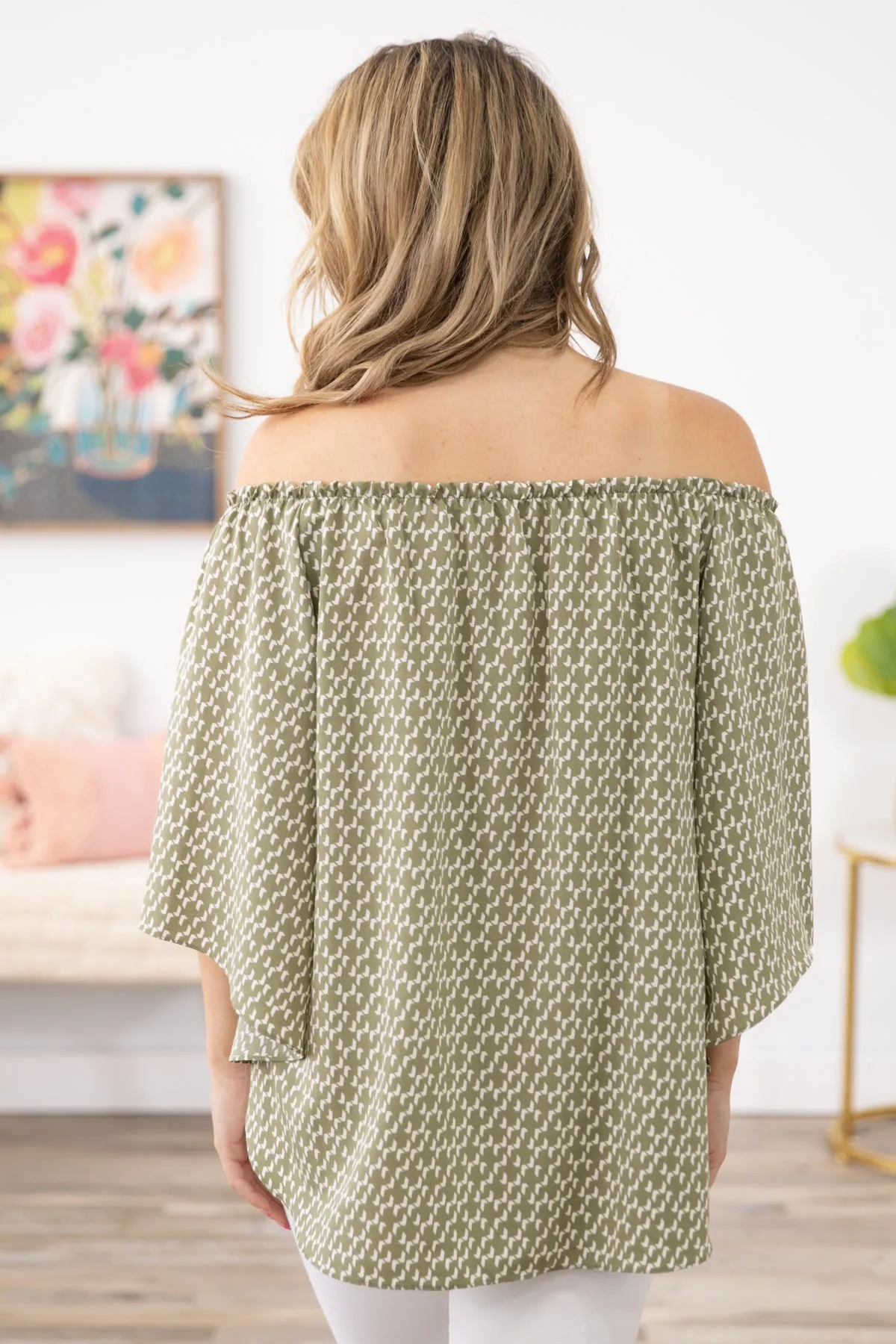Olive Geometric Print Off the Shoulder Top