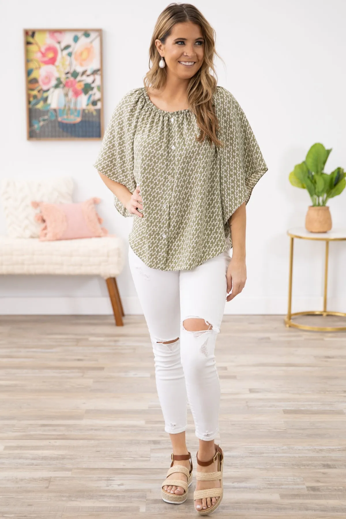 Olive Geometric Print Off the Shoulder Top