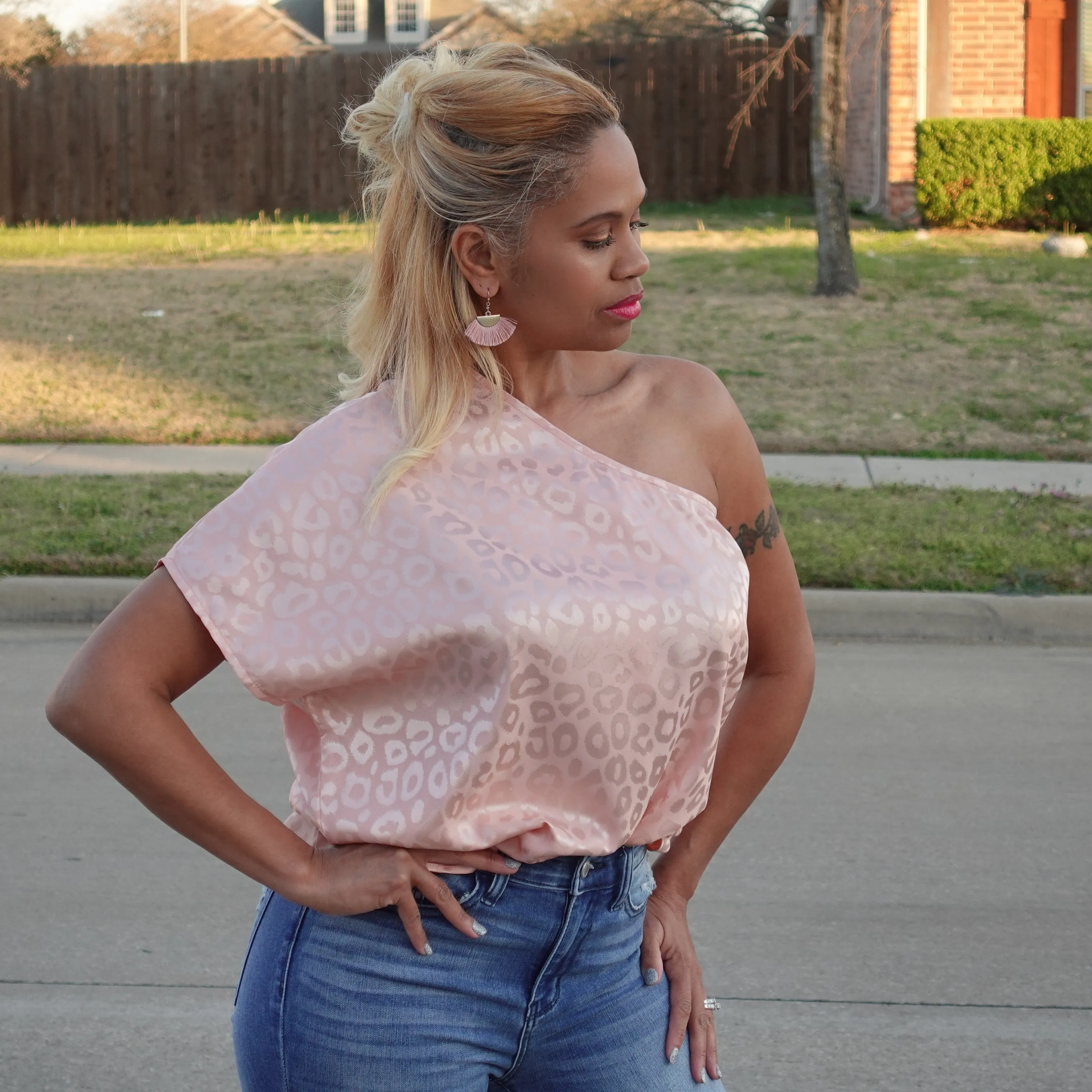 One Shoulder Leopard Satin Top