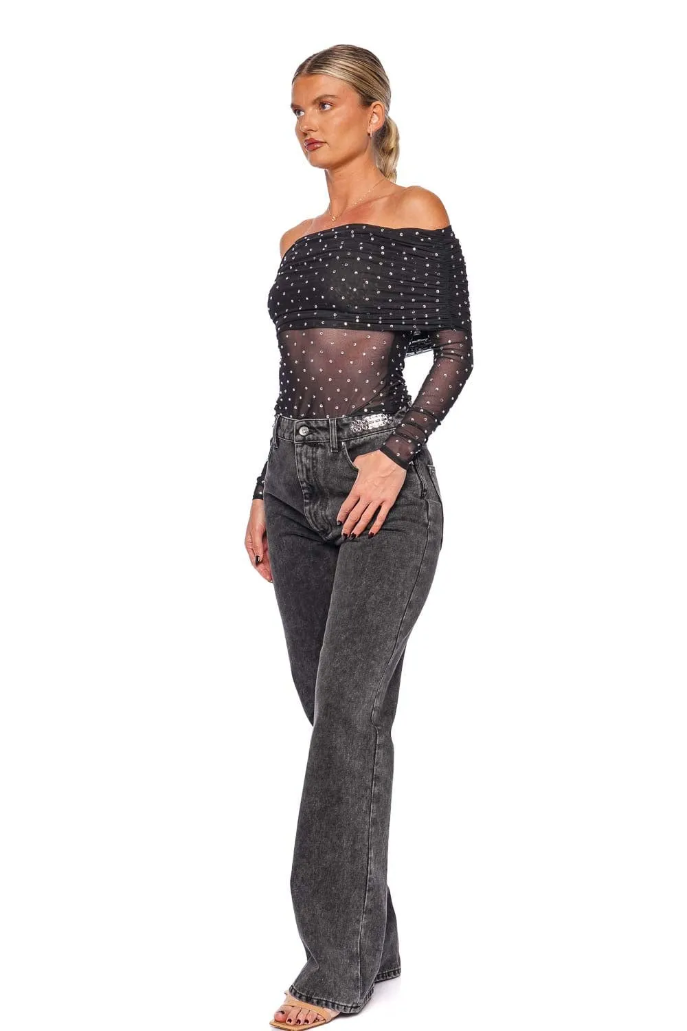 Oriana Off Shoulder Rhinestone Mesh Top