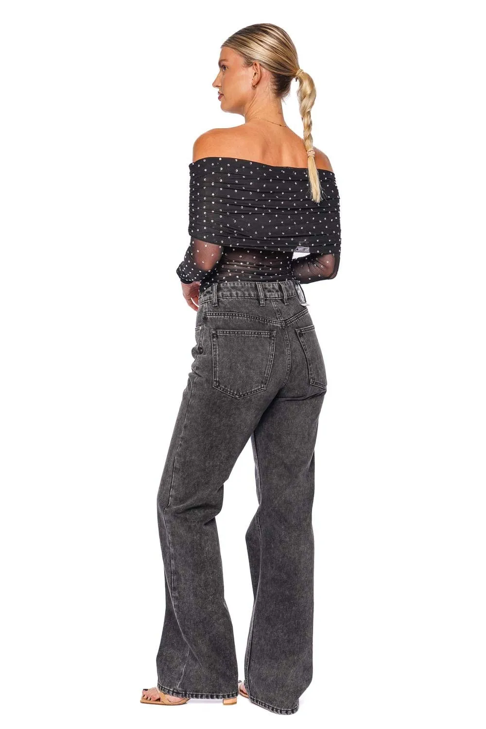 Oriana Off Shoulder Rhinestone Mesh Top