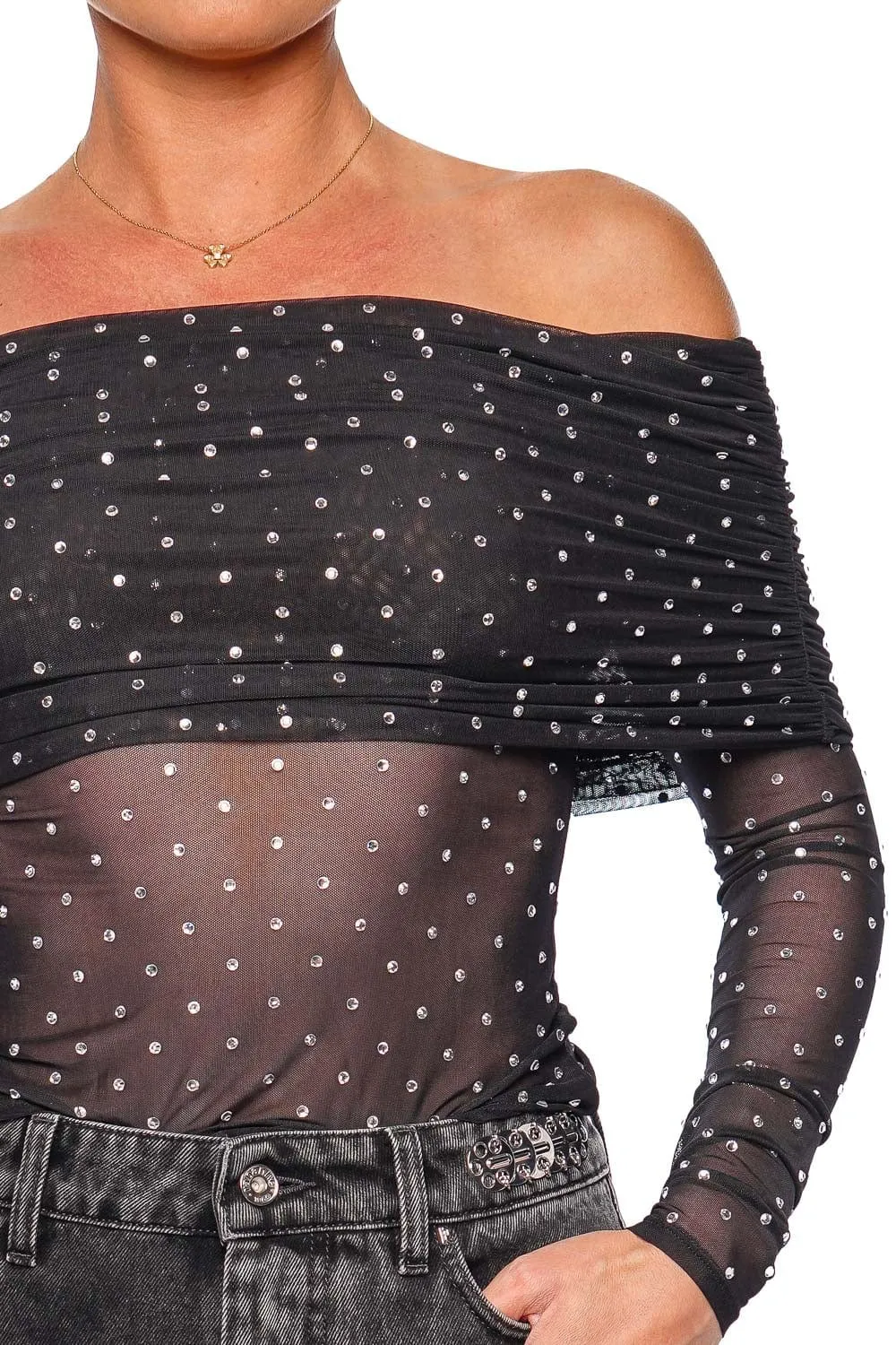 Oriana Off Shoulder Rhinestone Mesh Top