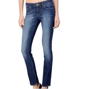 Paige Melrose Straight Leg Low Rise Blue Denim Jeans with Frayed Hem. Size 27