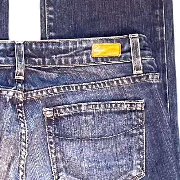 Paige Melrose Straight Leg Low Rise Blue Denim Jeans with Frayed Hem. Size 27