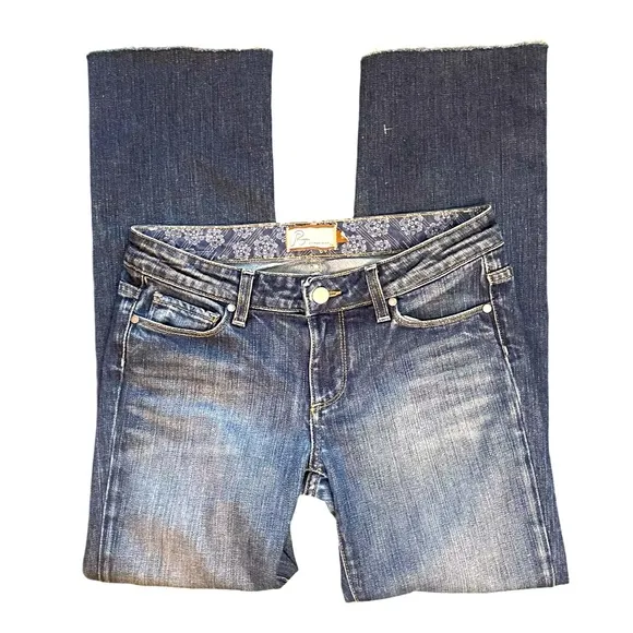 Paige Melrose Straight Leg Low Rise Blue Denim Jeans with Frayed Hem. Size 27