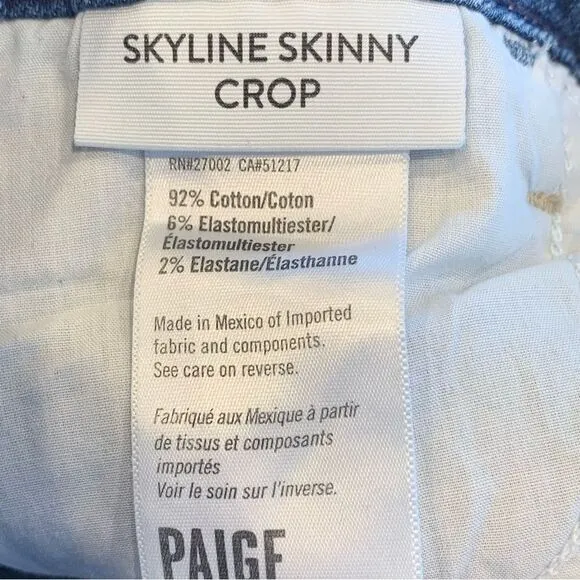 Paige Skyline Skinny Crop Jeans Size 25