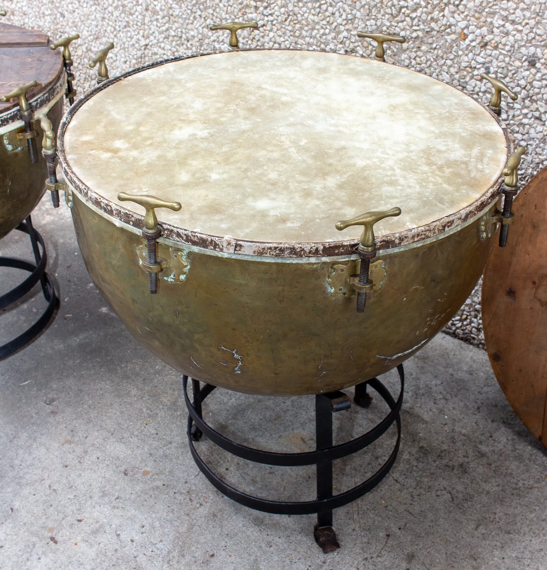 Pair of F. Van Cauwelaert 19th Century Belgian Timpani Drums and End Tables