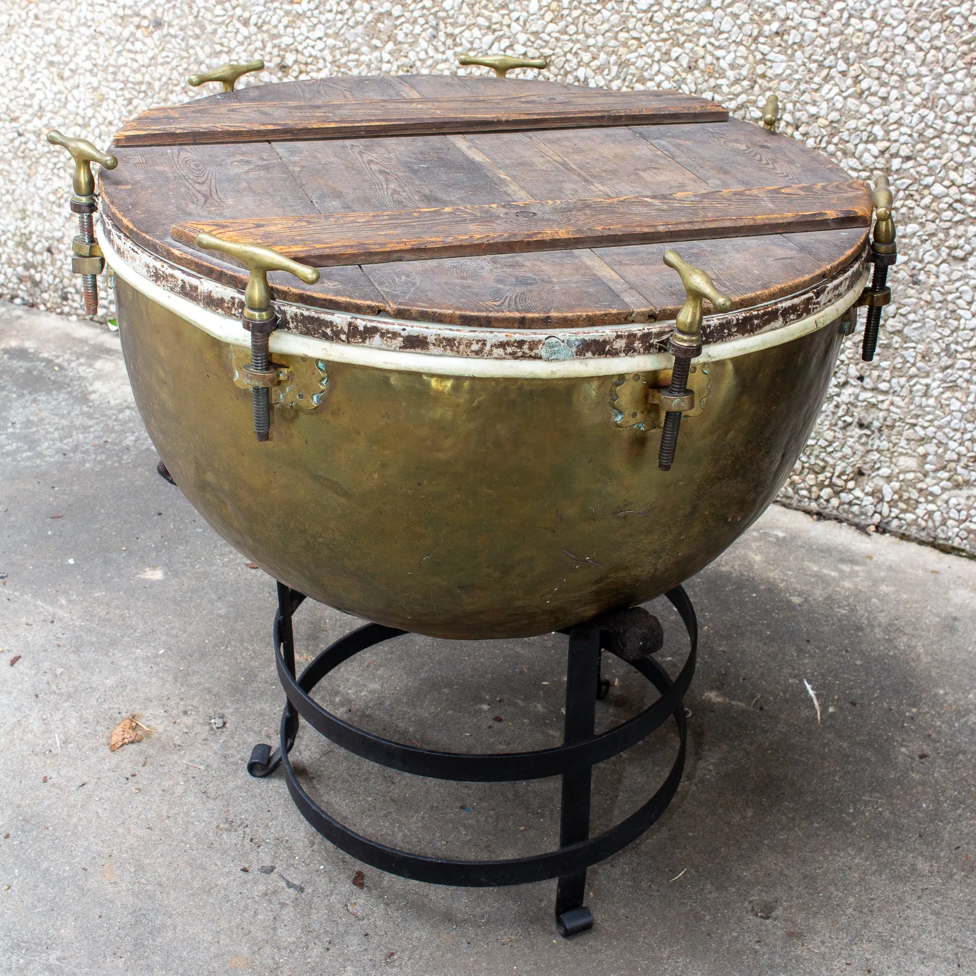 Pair of F. Van Cauwelaert 19th Century Belgian Timpani Drums and End Tables