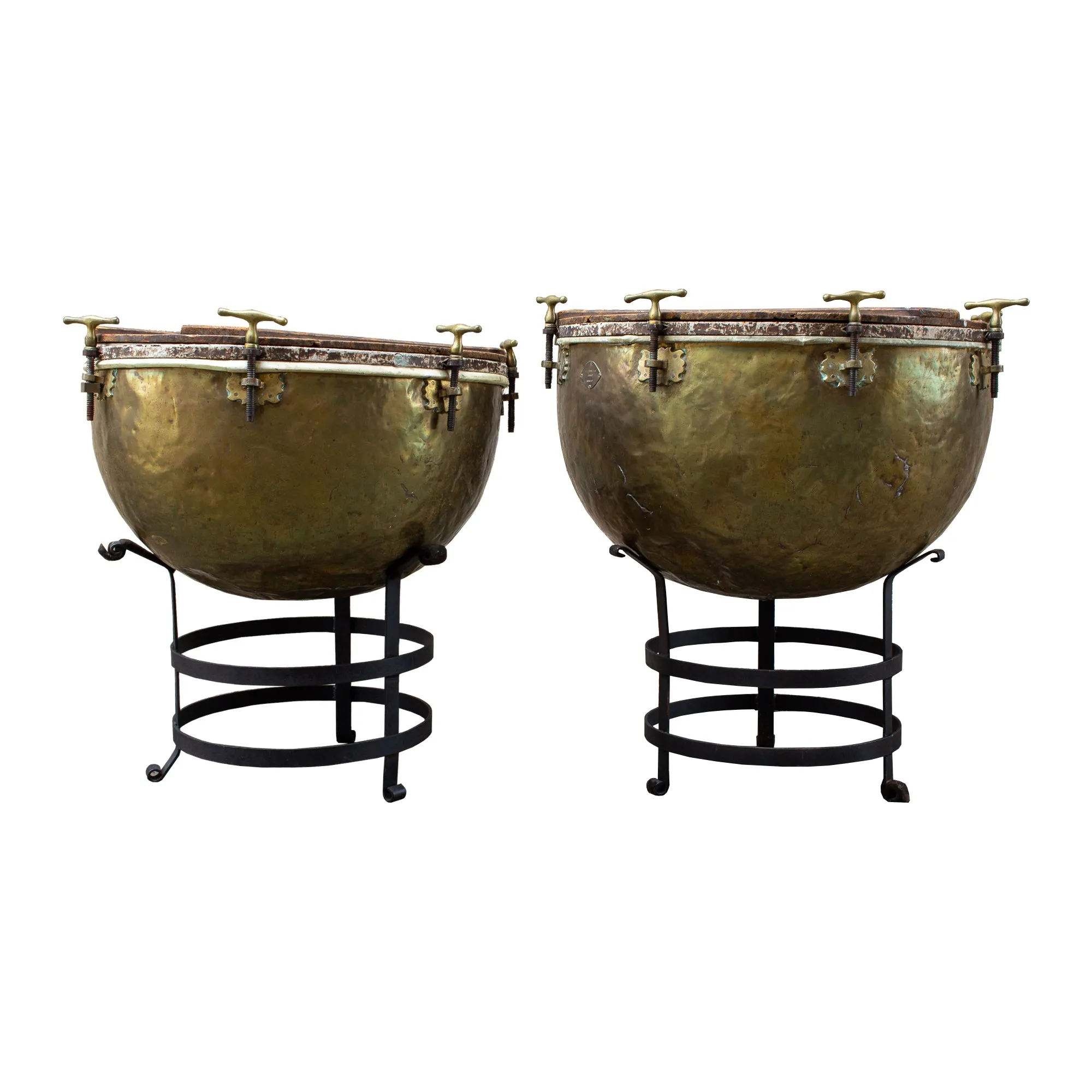 Pair of F. Van Cauwelaert 19th Century Belgian Timpani Drums and End Tables