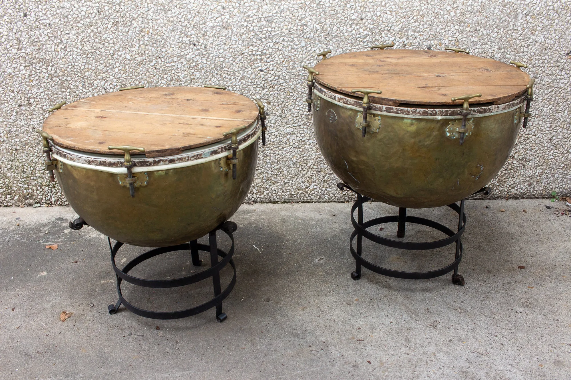 Pair of F. Van Cauwelaert 19th Century Belgian Timpani Drums and End Tables