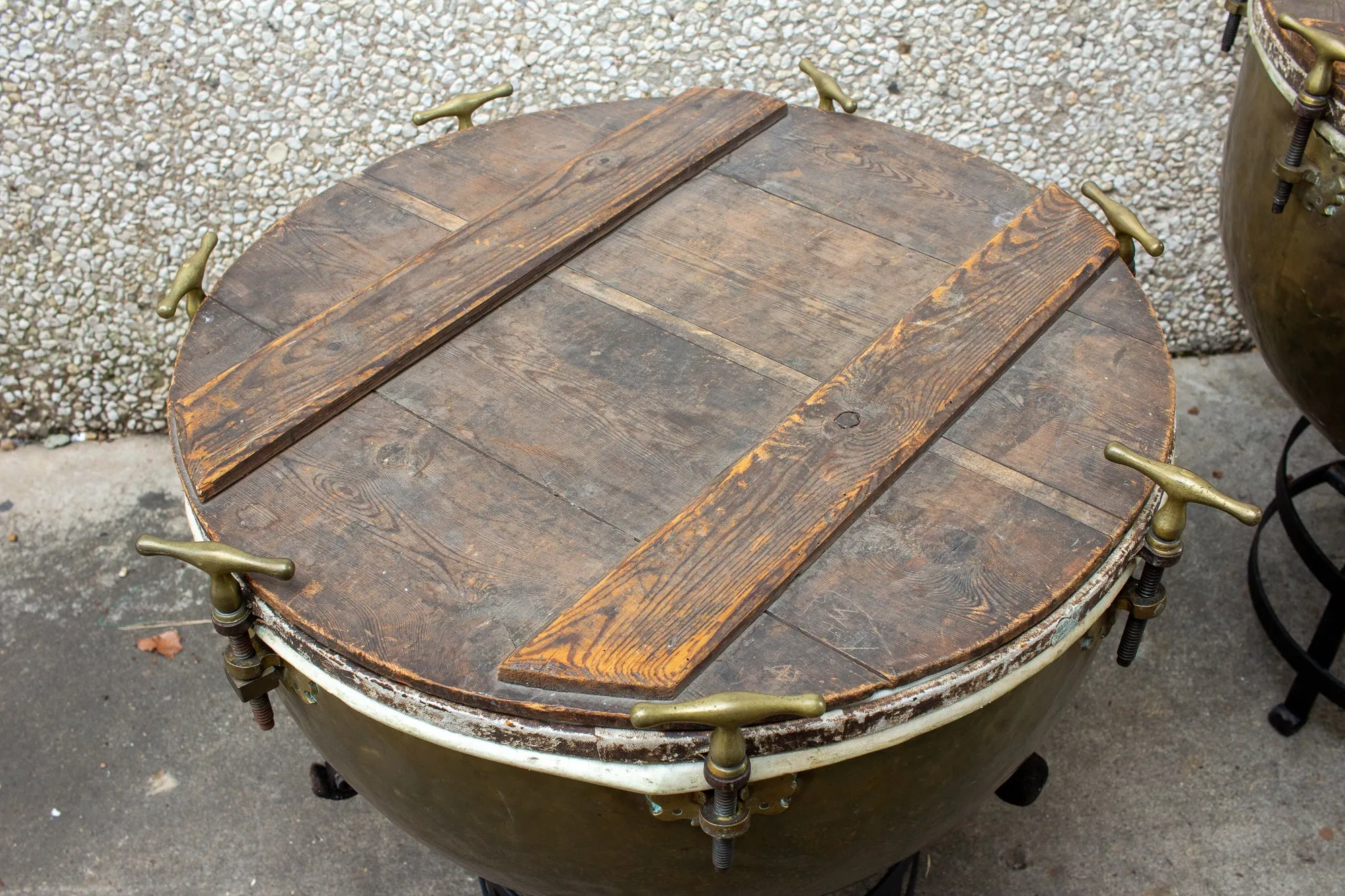 Pair of F. Van Cauwelaert 19th Century Belgian Timpani Drums and End Tables