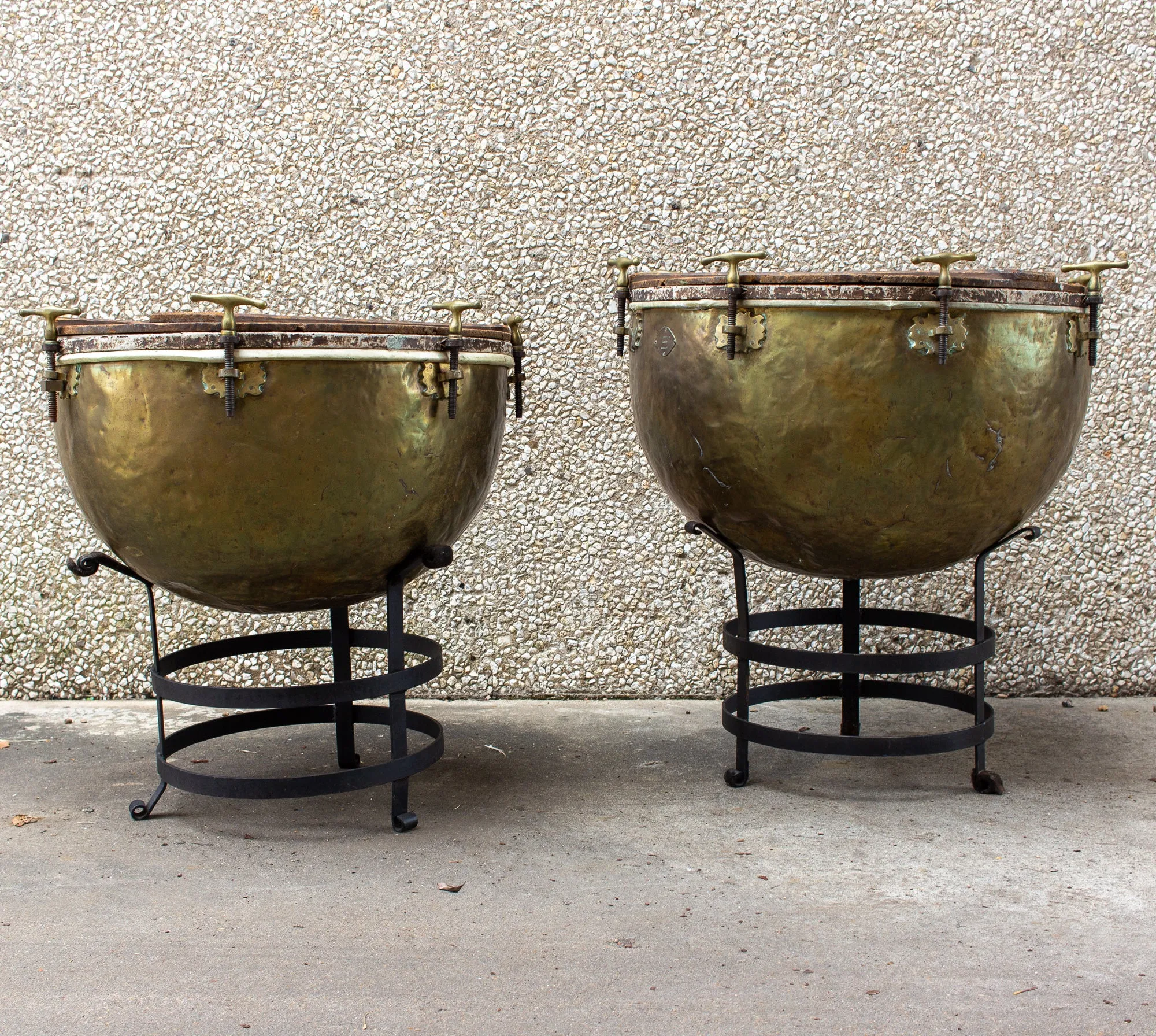 Pair of F. Van Cauwelaert 19th Century Belgian Timpani Drums and End Tables