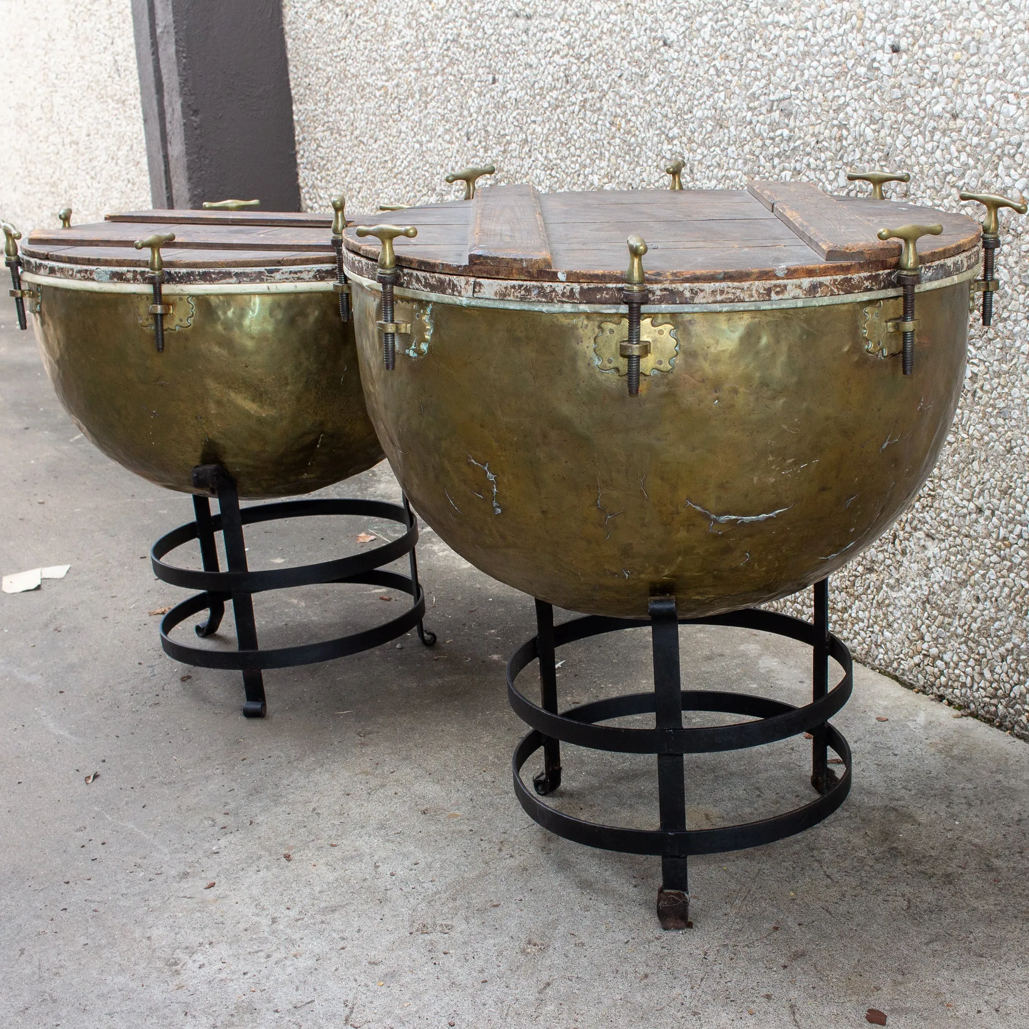 Pair of F. Van Cauwelaert 19th Century Belgian Timpani Drums and End Tables