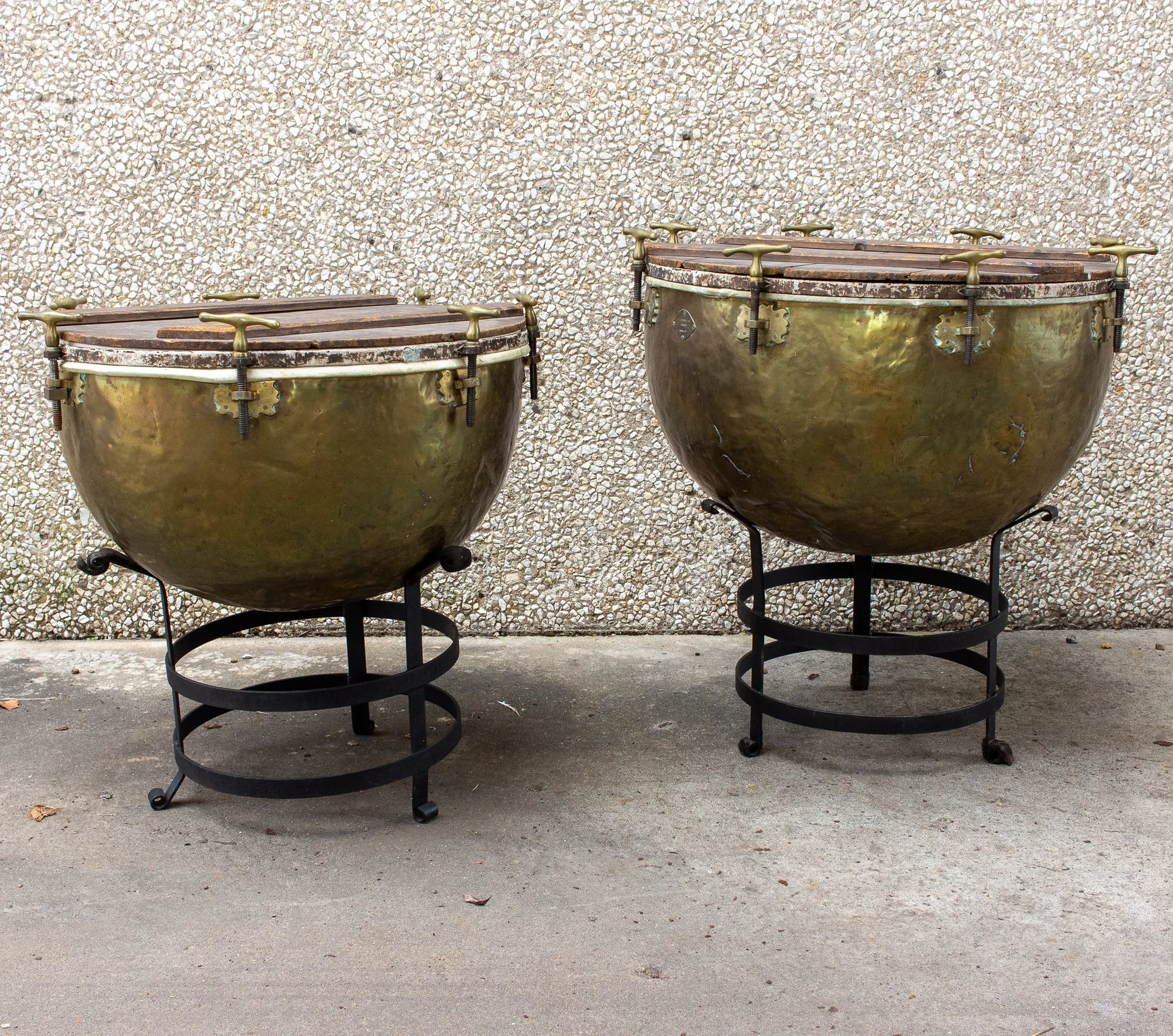 Pair of F. Van Cauwelaert 19th Century Belgian Timpani Drums and End Tables