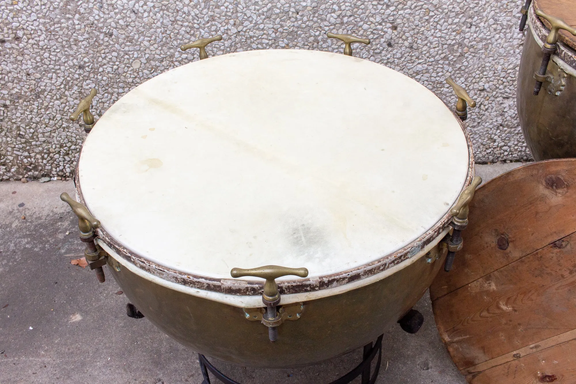 Pair of F. Van Cauwelaert 19th Century Belgian Timpani Drums and End Tables