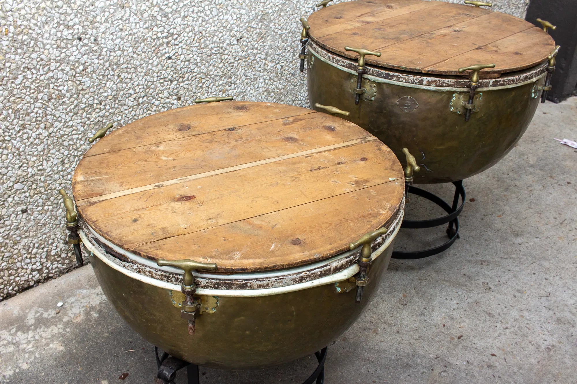 Pair of F. Van Cauwelaert 19th Century Belgian Timpani Drums and End Tables