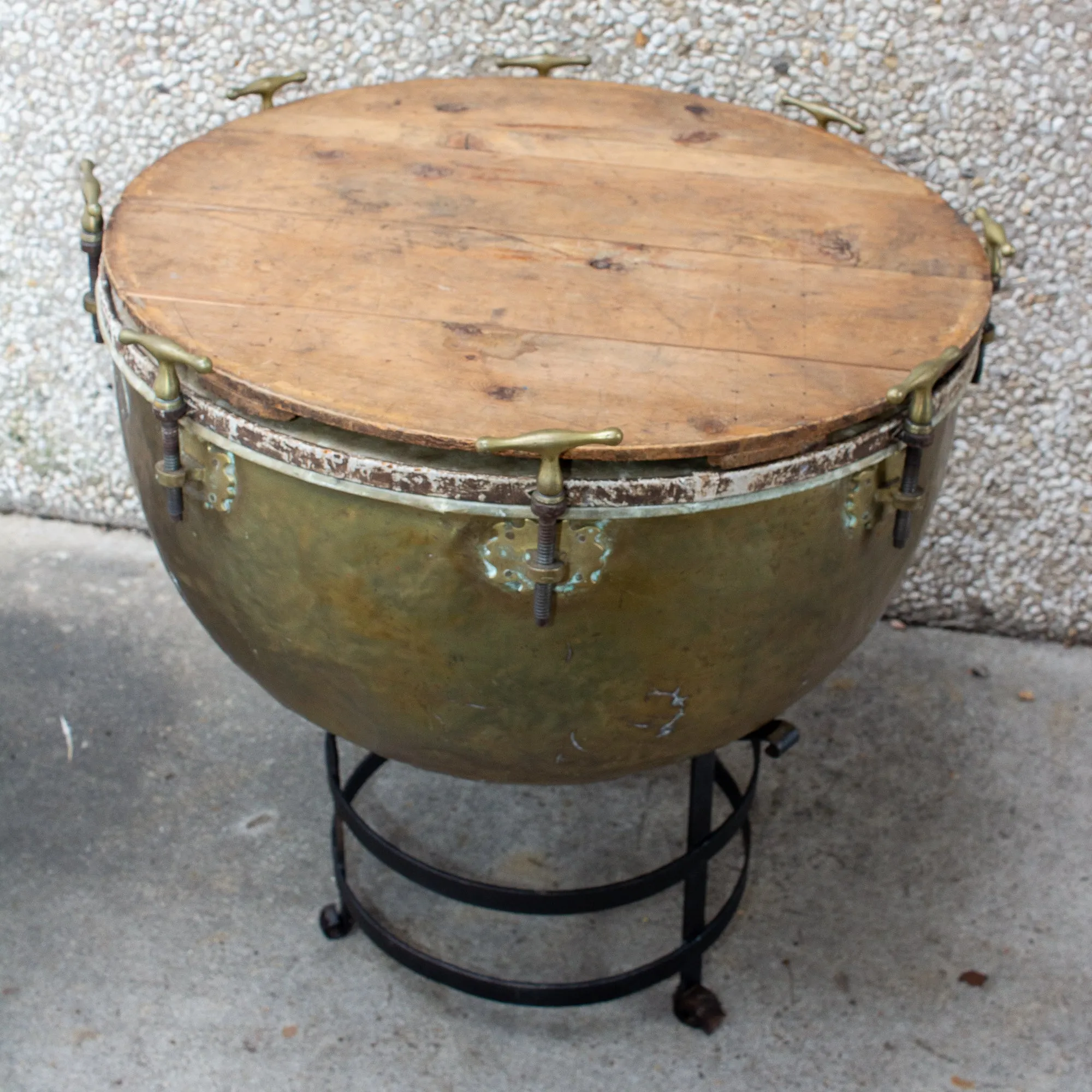 Pair of F. Van Cauwelaert 19th Century Belgian Timpani Drums and End Tables