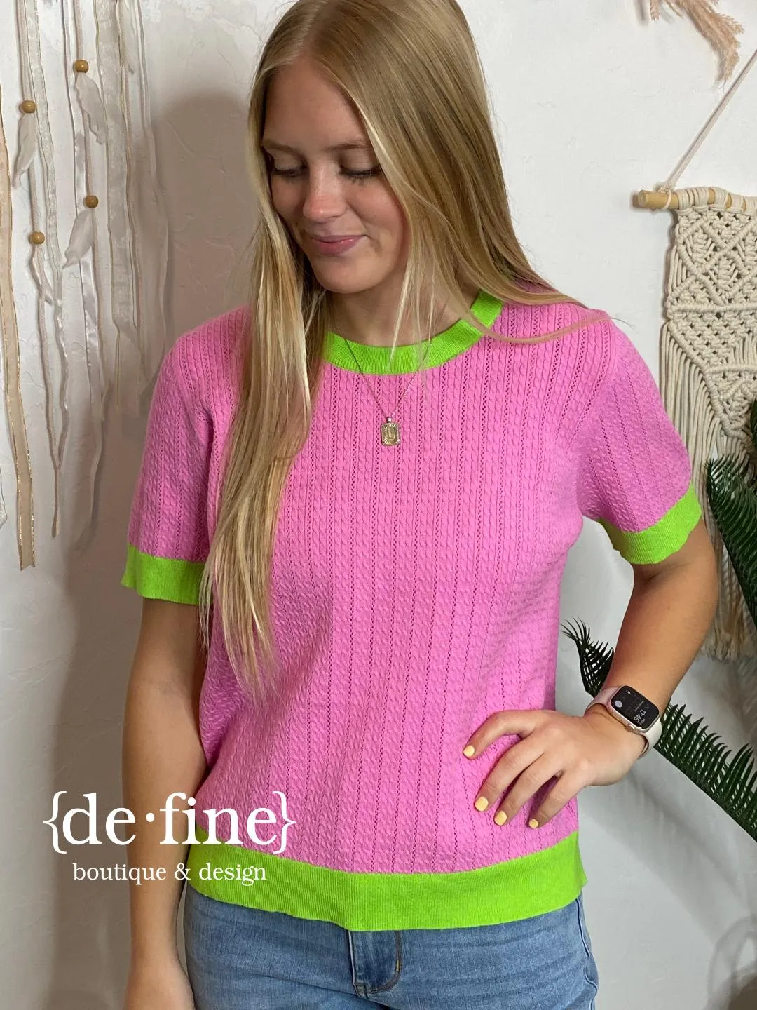 Pickleball Vibes Pink & Lime Ringer Top
