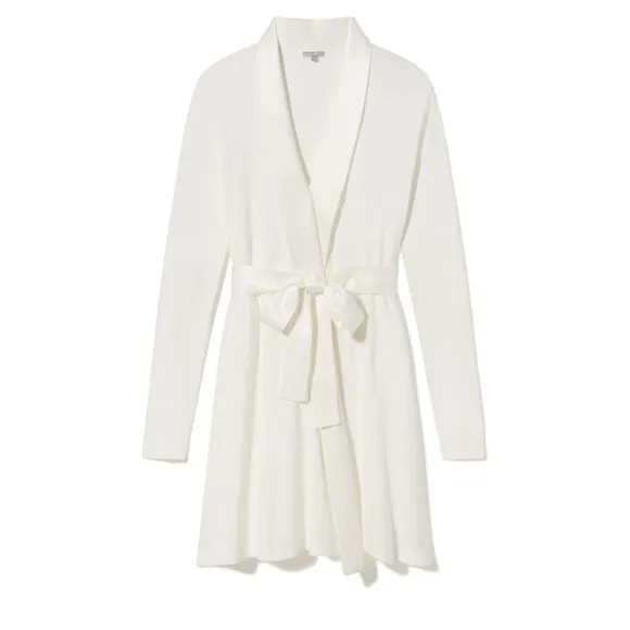 PJ Harlow Elijah Robe Rib Knit Long-Sleeve Satin Trim &amp; Belt Pearl Ivory White