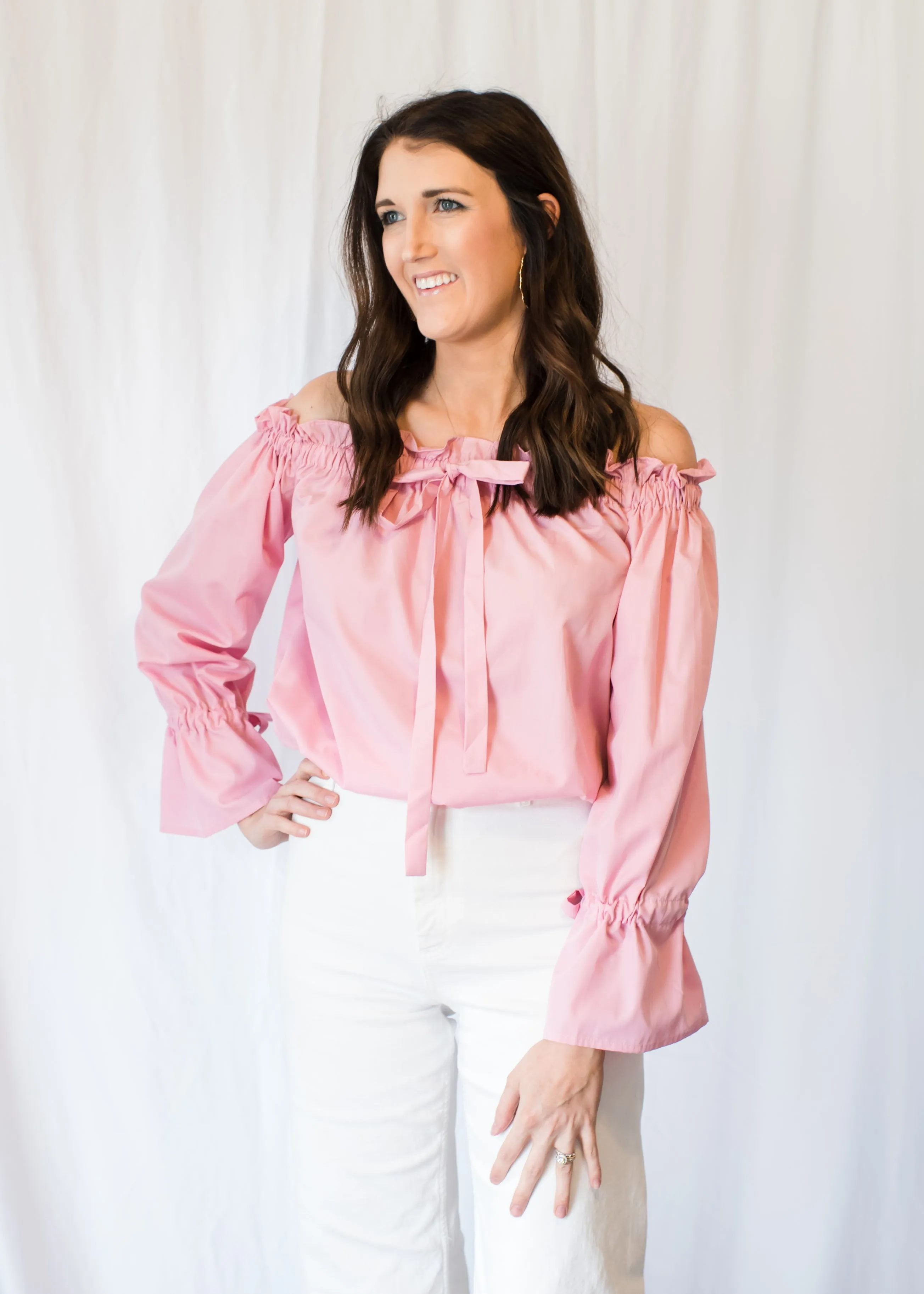 Playful Pastel Off-the-Shoulder Blouse