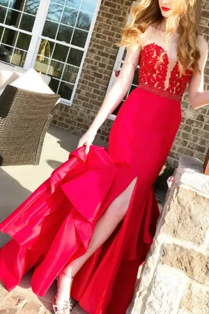 Plunging Sweetheart Lace Red Mermaid Prom Gown with Ruffled Skirt